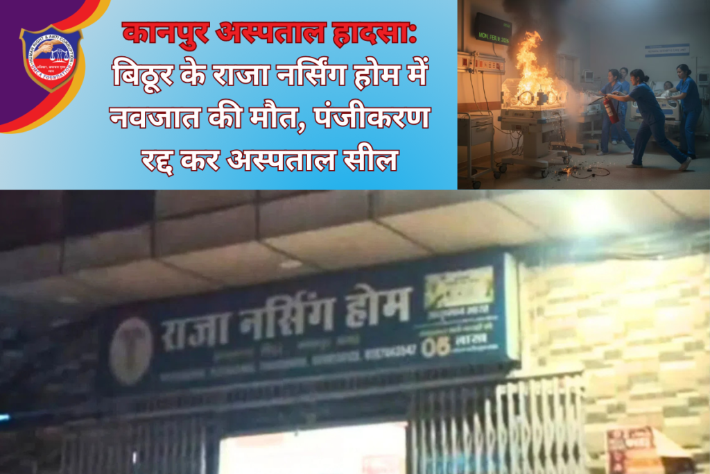 कानपुर के बिठूर स्थित राजा नर्सिंग होम में NICU की वार्मर मशीन फटने से नवजात की मौत हो गई। जांच के बाद स्वास्थ्य विभाग ने अस्पताल का पंजीकरण रद्द कर उसे सील कर दिया।