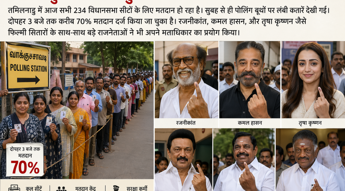 तमिलनाडु विधानसभा चुनाव में सभी 234 सीटों पर भारी मतदान, दोपहर 3 बजे तक 70% वोटिंग दर्ज। रजनीकांत, कमल हासन सहित कई सितारों और नेताओं ने डाला वोट।